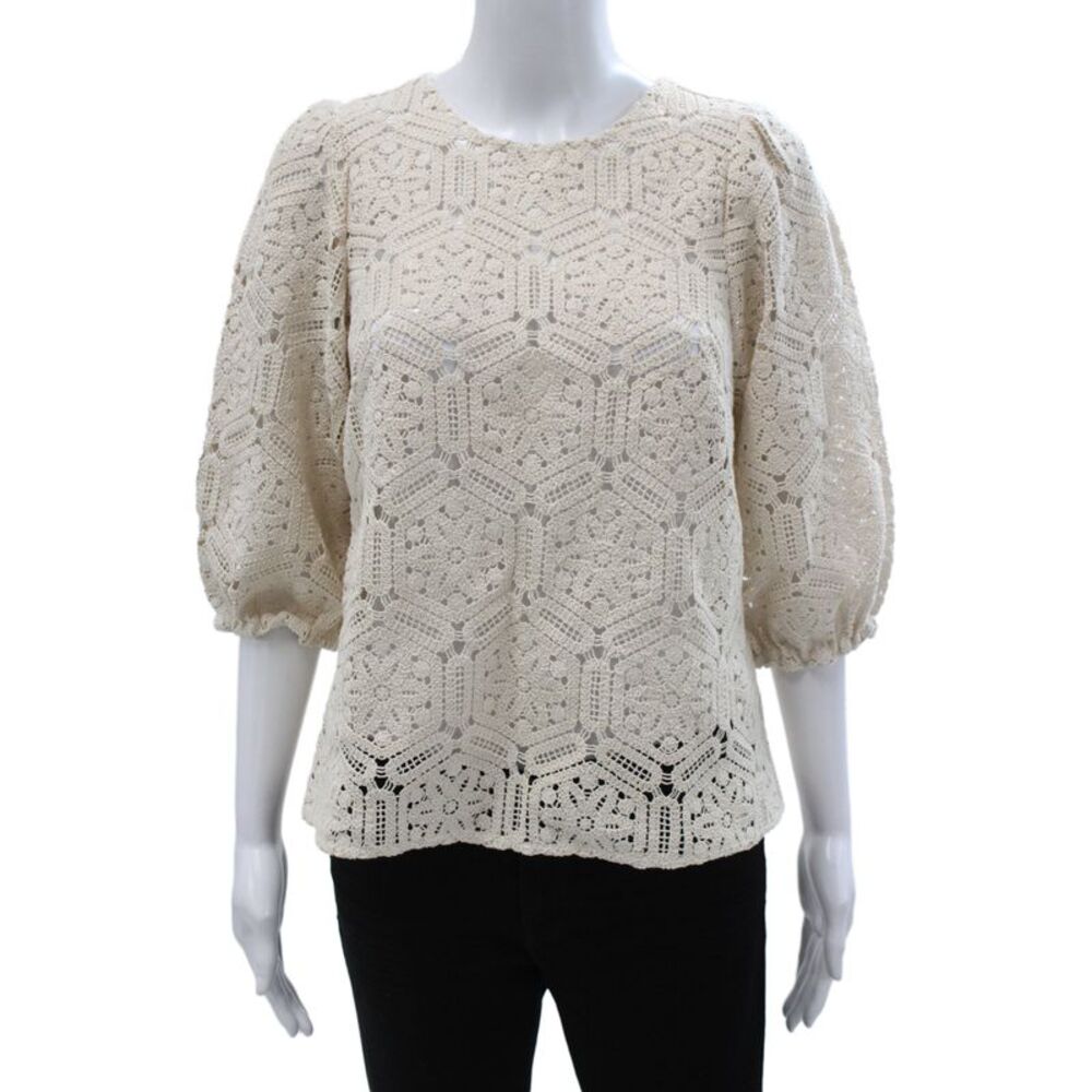 Sezane Women Bohemian Ivory Cotton Button Round Neck 3/4 Sleeve Blouse Size 36